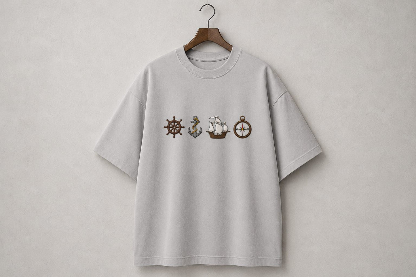 Ship Design Embroidery Oversized T-Shirt for Men & Women In Grey Colour| Premium 100% Cotton Street Wear Teas | 240 GSM | Unisex Casual Embroidery Design Tee
