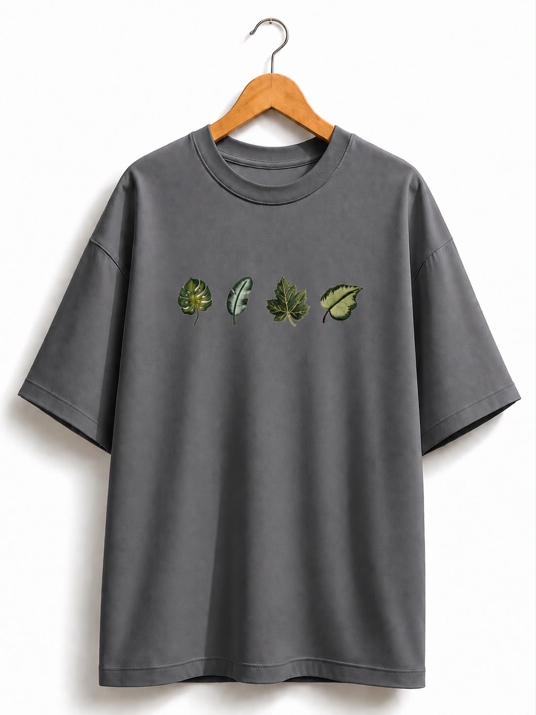Unisex Oversized Grey Leaf Design Drop Shoulder T-Shirt | Premium Leaf Embroidery Design Loose Fit Casual Tee for Men & Women