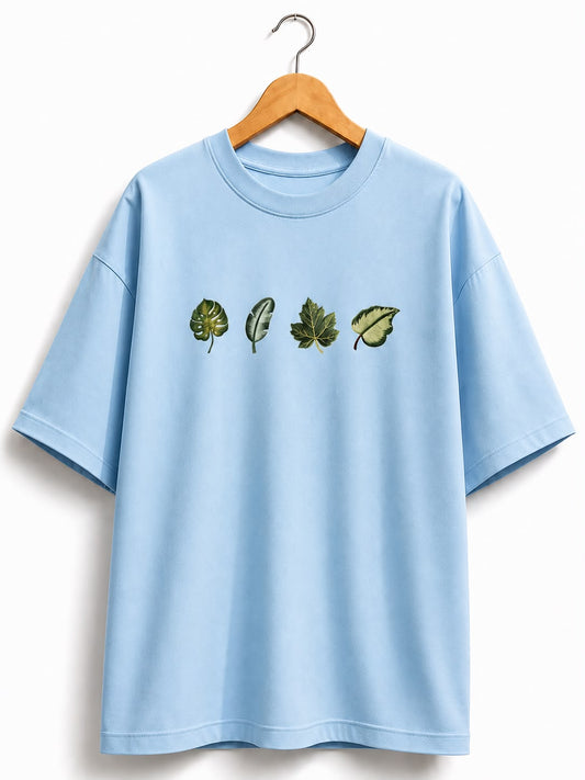 Unisex Oversized Sky Blue Leaf Design Drop Shoulder T-Shirt | Premium Leaf Embroidery Design Loose Fit Casual Tee for Men & Women