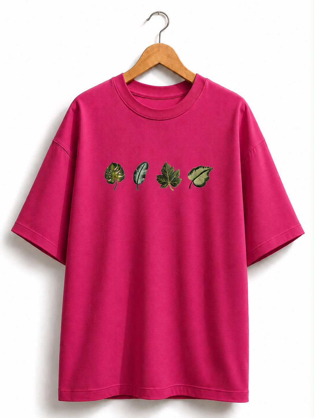 Unisex Oversized Pink Leaf Design Drop Shoulder T-Shirt | Premium Leaf Embroidery Design Loose Fit Casual Tee for Men & Women