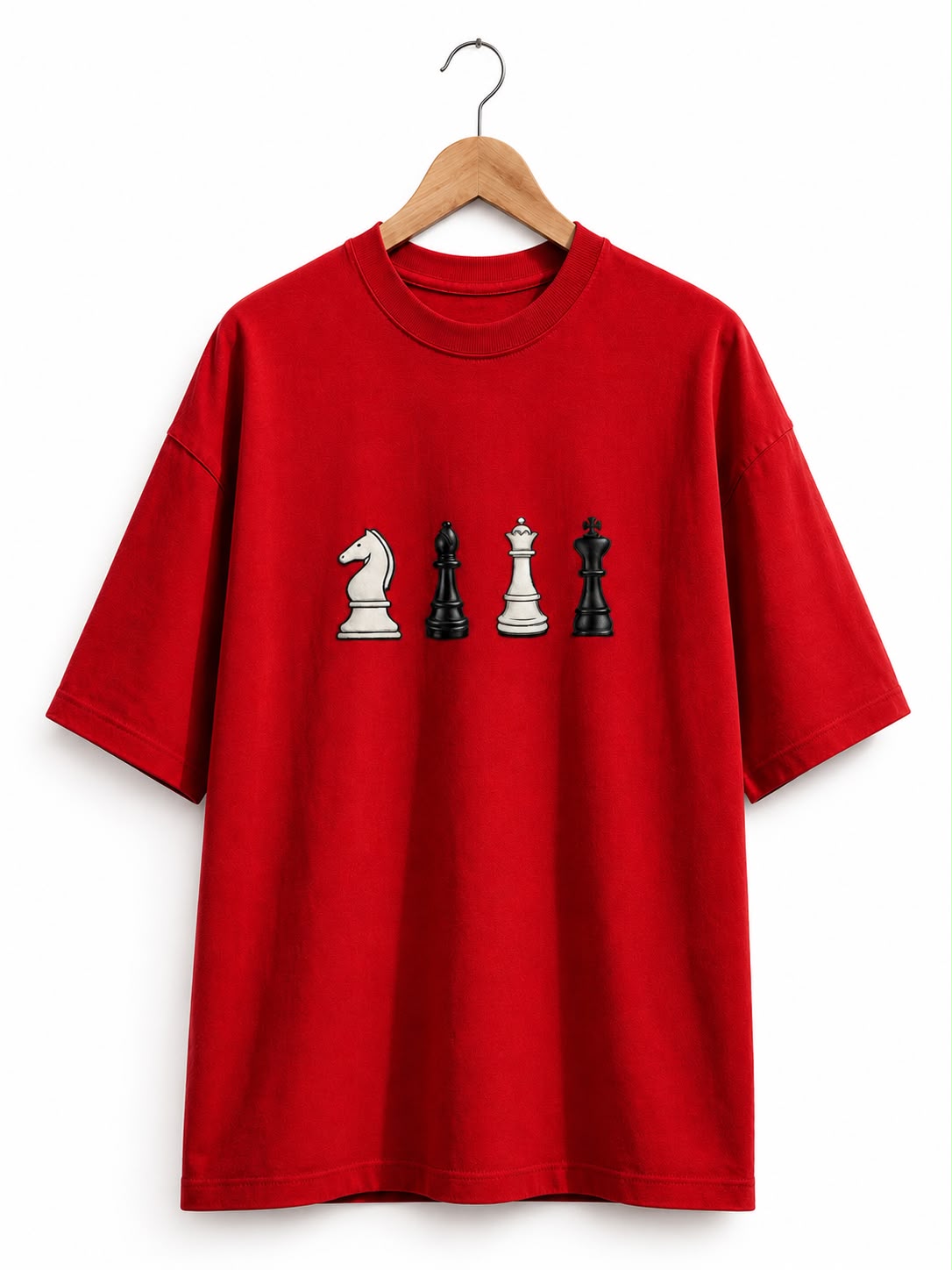 STELLAVITA CLOTHING Oversized Men & Women Red Premium Chess Embroidery Round Neck T-Shirt Causal Wear Teas