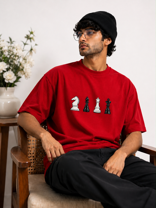 STELLAVITA CLOTHING Oversized Men & Women Red Premium Chess Embroidery Round Neck T-Shirt Causal Wear Teas