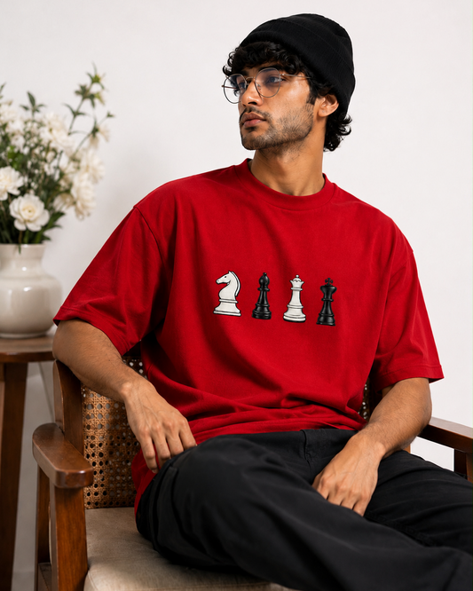 STELLAVITA CLOTHING Oversized Men & Women Red Premium Chess Embroidery Round Neck T-Shirt Causal Wear Teas