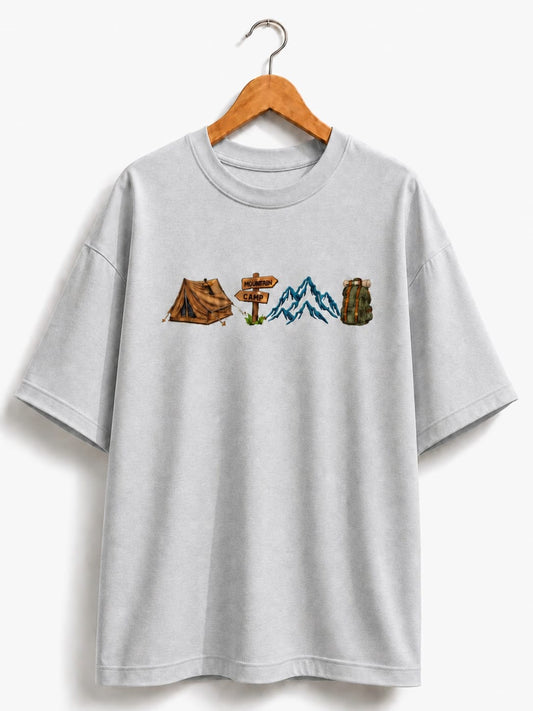 Unisex Oversized Drop Shoulder T-Shirt | Premium Grey Colour Camp Embroidery Design Loose Fit Casual Tee for Men & Women