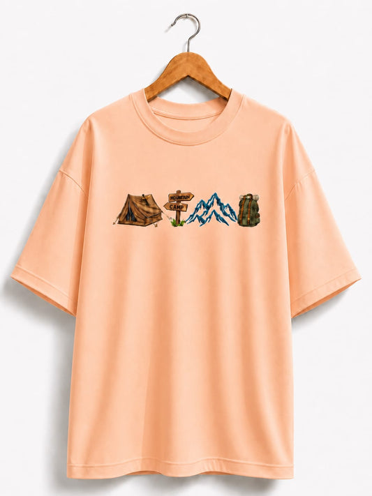 Unisex Oversized Drop Shoulder T-Shirt | Premium Peach Camp Embroidery Design Loose Fit Casual Tee for Men & Women