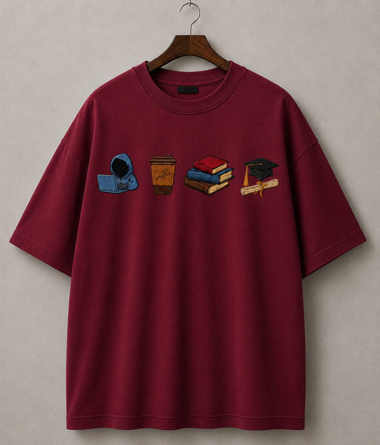 STELLAVITA CLOTHING Premium ‘Study Journey’ Embroidery Design T-Shirt | Unisex Oversized Drop Shoulder Teas | Loose Fit Casual Tee for Men & Women (WINE)