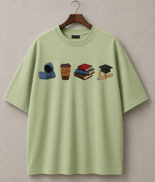 STELLAVITA CLOTHING Premium ‘Study Journey’ Embroidery Design T-Shirt | Unisex Oversized Drop Shoulder Teas | Loose Fit Casual Tee for Men & Women (LIGHT GREEN)