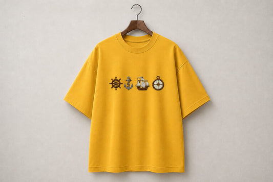 Ship Design Embroidery Oversized T-Shirt for Men & Women In Yellow Colour| Premium 100% Cotton Street Wear Teas | 240 GSM | Unisex Casual Embroidery Design Tee