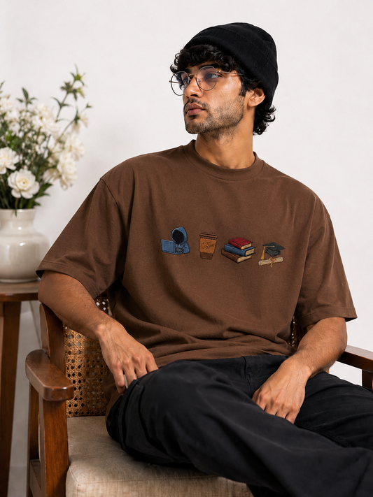 STELLAVITA CLOTHING Premium ‘Study Journey’ Embroidery Design T-Shirt | Unisex Oversized Drop Shoulder Teas | Loose Fit Casual Tee for Men & Women (Brown)