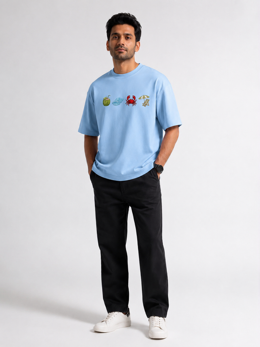 Sky Blue Beach Embroidery Design Oversized T-Shirt for Men & Women | Premium 100% Cotton | 240 GSM | Unisex Beach Theme Embroidered Tees