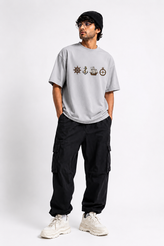 Ship Design Embroidery Oversized T-Shirt for Men & Women In Grey Colour| Premium 100% Cotton Street Wear Teas | 240 GSM | Unisex Casual Embroidery Design Tee