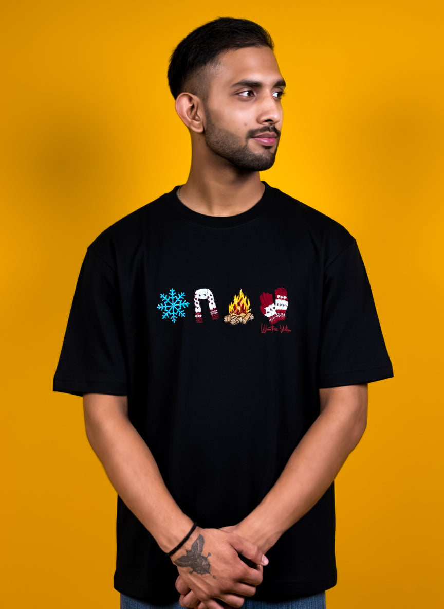 WINTER VIBES EMBROIDERY DESIGN UNISEX OVERSIZED BLACK T SHIRT