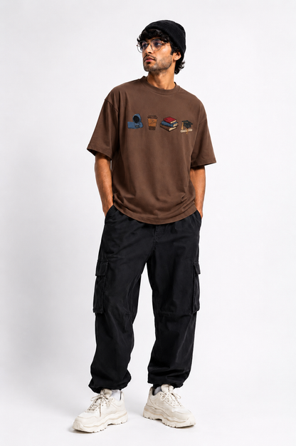 STELLAVITA CLOTHING  Premium ‘Study Journey’ Embroidery Design T-Shirt | Unisex Oversized Drop Shoulder Teas | Loose Fit Casual Tee for Men & Women (Brown)
