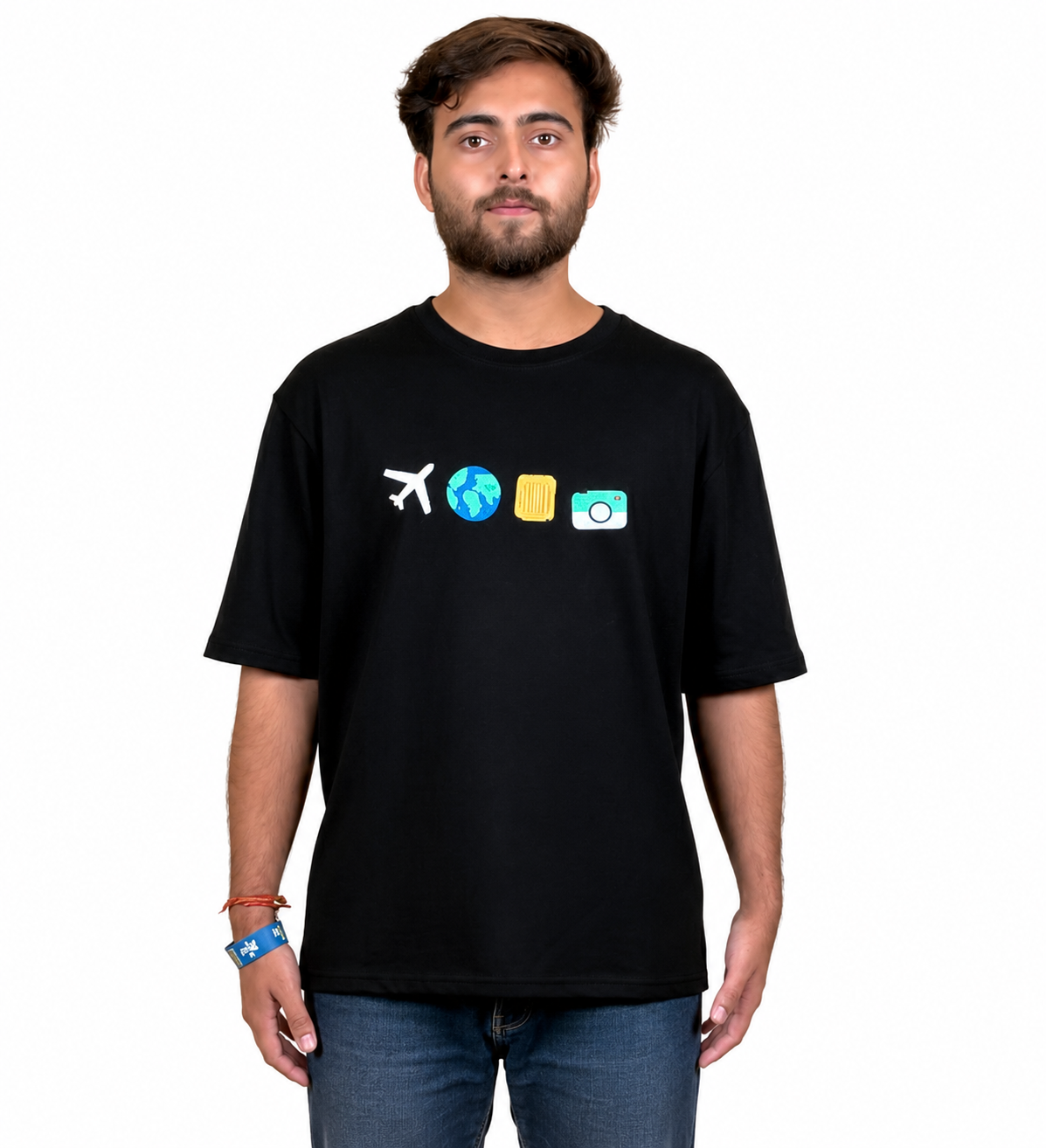 TRAVEL VIBES EMBROIDERY DESIGN UNISEX OVERSIZED BLACK T SHIRT FOR MEN AND WOMEN