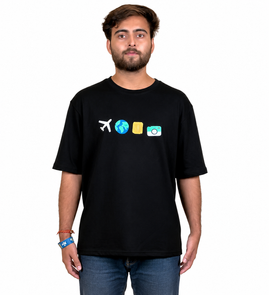 TRAVEL VIBES EMBROIDERY DESIGN UNISEX OVERSIZED BLACK T SHIRT FOR MEN AND WOMEN
