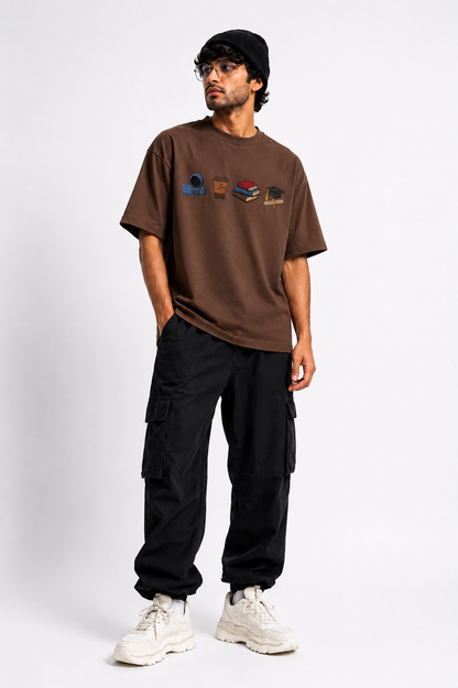 STELLAVITA CLOTHING  Premium ‘Study Journey’ Embroidery Design T-Shirt | Unisex Oversized Drop Shoulder Teas | Loose Fit Casual Tee for Men & Women (Brown)