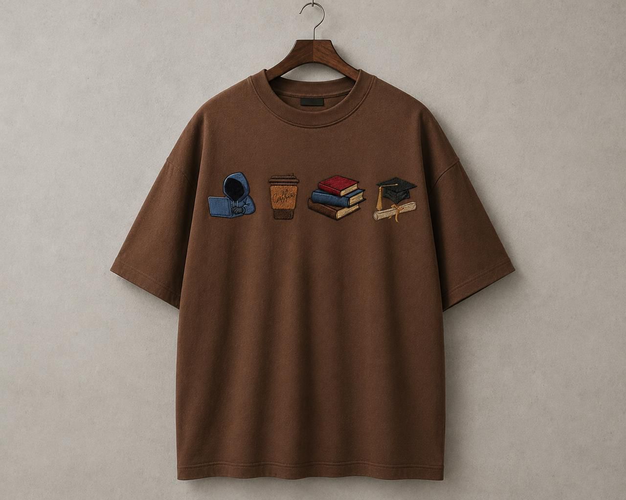STELLAVITA CLOTHING  Premium ‘Study Journey’ Embroidery Design T-Shirt | Unisex Oversized Drop Shoulder Teas | Loose Fit Casual Tee for Men & Women (Brown)