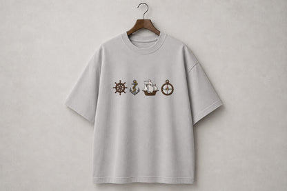 Ship Design Embroidery Oversized T-Shirt for Men & Women In Grey Colour| Premium 100% Cotton Street Wear Teas  | 240 GSM | Unisex Casual Embroidery Design Tee