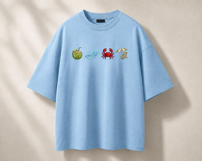 Sky Blue Beach  Embroidery Design Oversized T-Shirt for Men & Women | Premium 100% Cotton | 240 GSM | Unisex Beach Theme Embroidered Tees