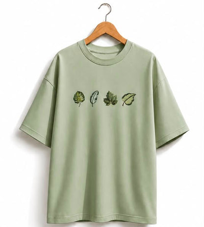Unisex Oversized Green Leaf Design Drop Shoulder T-Shirt | Premium  Leaf Embroidery Design Loose Fit Casual Tee for Men & Women