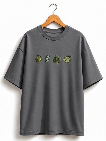 Unisex Oversized Grey Leaf Design Drop Shoulder T-Shirt | Premium  Leaf Embroidery Design Loose Fit Casual Tee for Men & Women