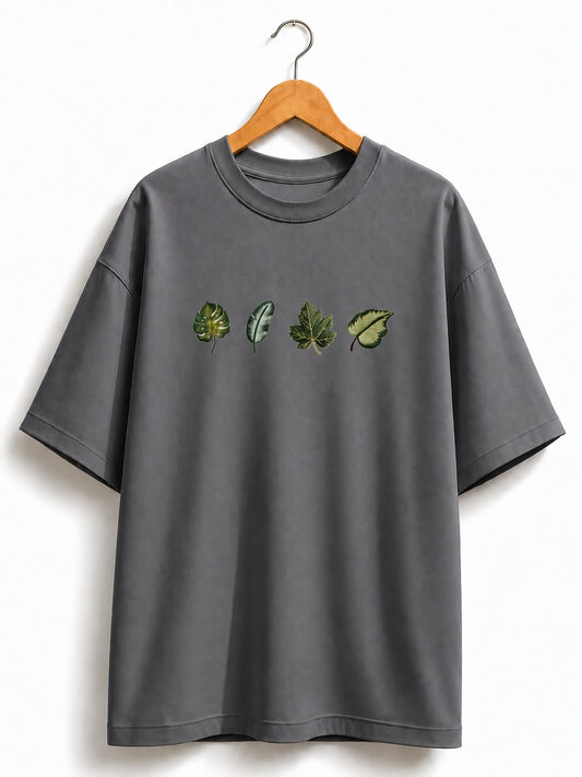 Unisex Oversized Grey Leaf Design Drop Shoulder T-Shirt | Premium  Leaf Embroidery Design Loose Fit Casual Tee for Men & Women