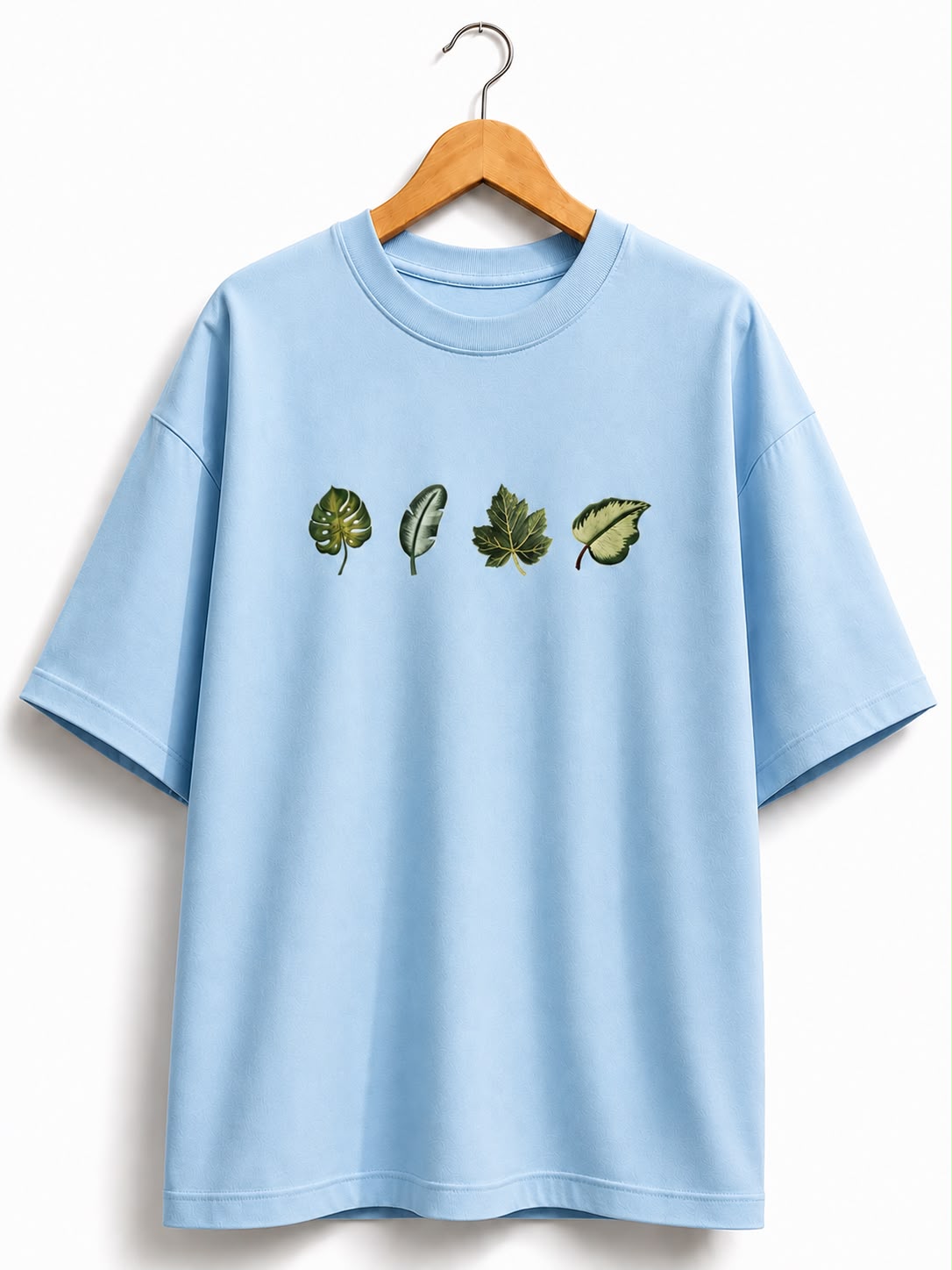 Unisex Oversized Sky Blue Leaf Design Drop Shoulder T-Shirt | Premium  Leaf Embroidery Design Loose Fit Casual Tee for Men & Women