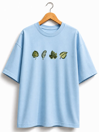 Unisex Oversized Sky Blue Leaf Design Drop Shoulder T-Shirt | Premium  Leaf Embroidery Design Loose Fit Casual Tee for Men & Women