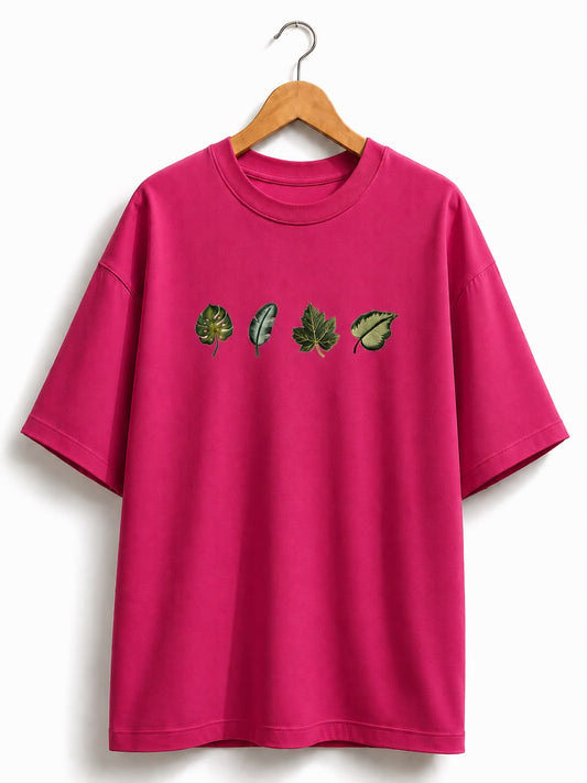 Unisex Oversized Pink  Leaf Design Drop Shoulder T-Shirt | Premium  Leaf Embroidery Design Loose Fit Casual Tee for Men & Women