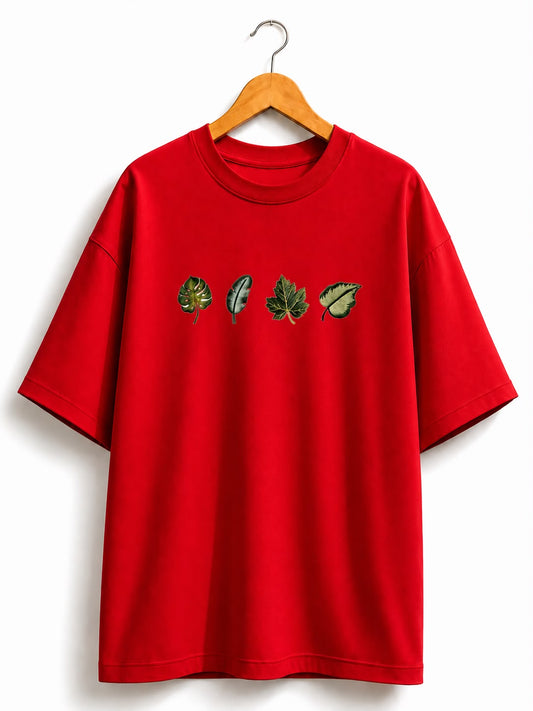 Unisex Oversized Red Leaf Design Drop Shoulder T-Shirt | Premium  Leaf Embroidery Design Loose Fit Casual Tee for Men & Women