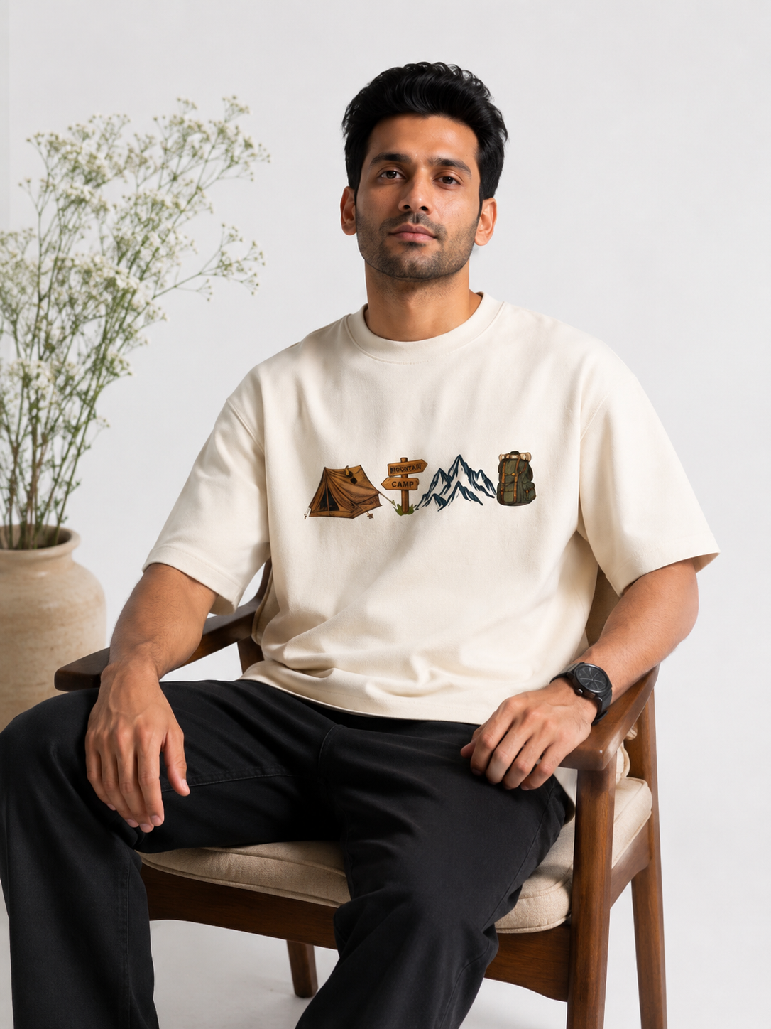 STELLAVITA CLOTHING  Premium Camp Embroidery Design Loose Fit Casual Tee Unisex Oversized Drop Shoulder T-Shirt for Men & Women