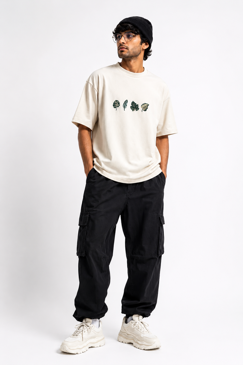 STELLAVITA CLOTHING Unisex Oversized Leaf Embroidery Design Drop Shoulder T-Shirt | Premium Cotton Blend Leaf Embroidery Design Loose Fit Casual Tee for Men & Women