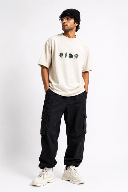 STELLAVITA CLOTHING Unisex Oversized Leaf Embroidery Design Drop Shoulder T-Shirt | Premium Cotton Blend Leaf Embroidery Design Loose Fit Casual Tee for Men & Women