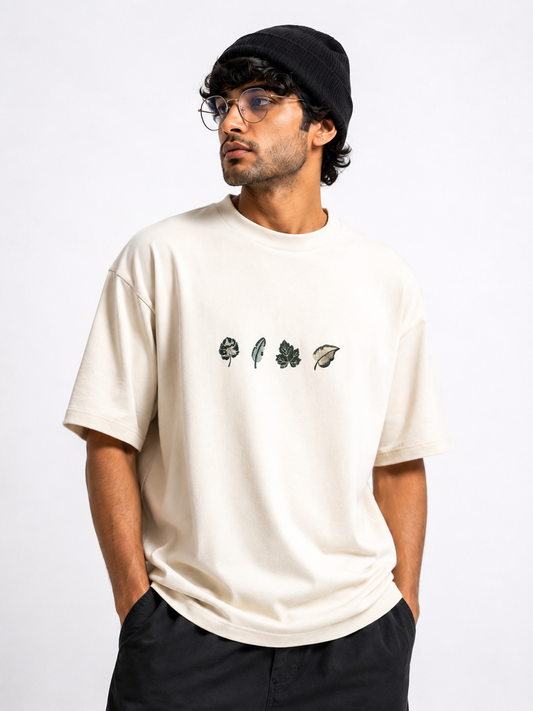 STELLAVITA CLOTHING Unisex Oversized Leaf Embroidery Design Drop Shoulder T-Shirt | Premium Cotton Blend Leaf Embroidery Design Loose Fit Casual Tee for Men & Women