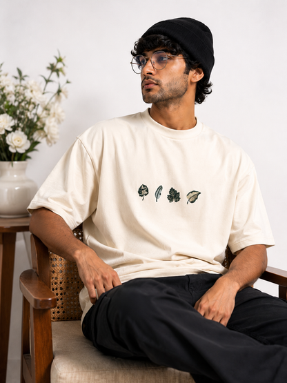 STELLAVITA CLOTHING Unisex Oversized Leaf Embroidery Design Drop Shoulder T-Shirt | Premium Cotton Blend Leaf Embroidery Design Loose Fit Casual Tee for Men & Women