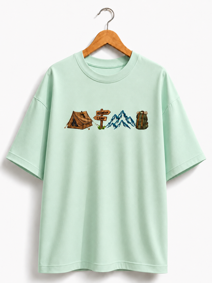 Premium Mint Green  Camp Embroidery Design Loose Fit Casual Tee Unisex Oversized Drop Shoulder T-Shirt for Men & Women