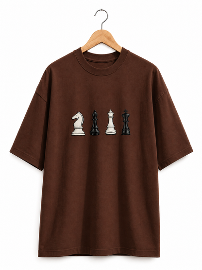 STELLAVITA CLOTHING Oversized Men & Women Brown   Premium Chess Embroidery Round Neck T-Shirt Causal Wear Teas
