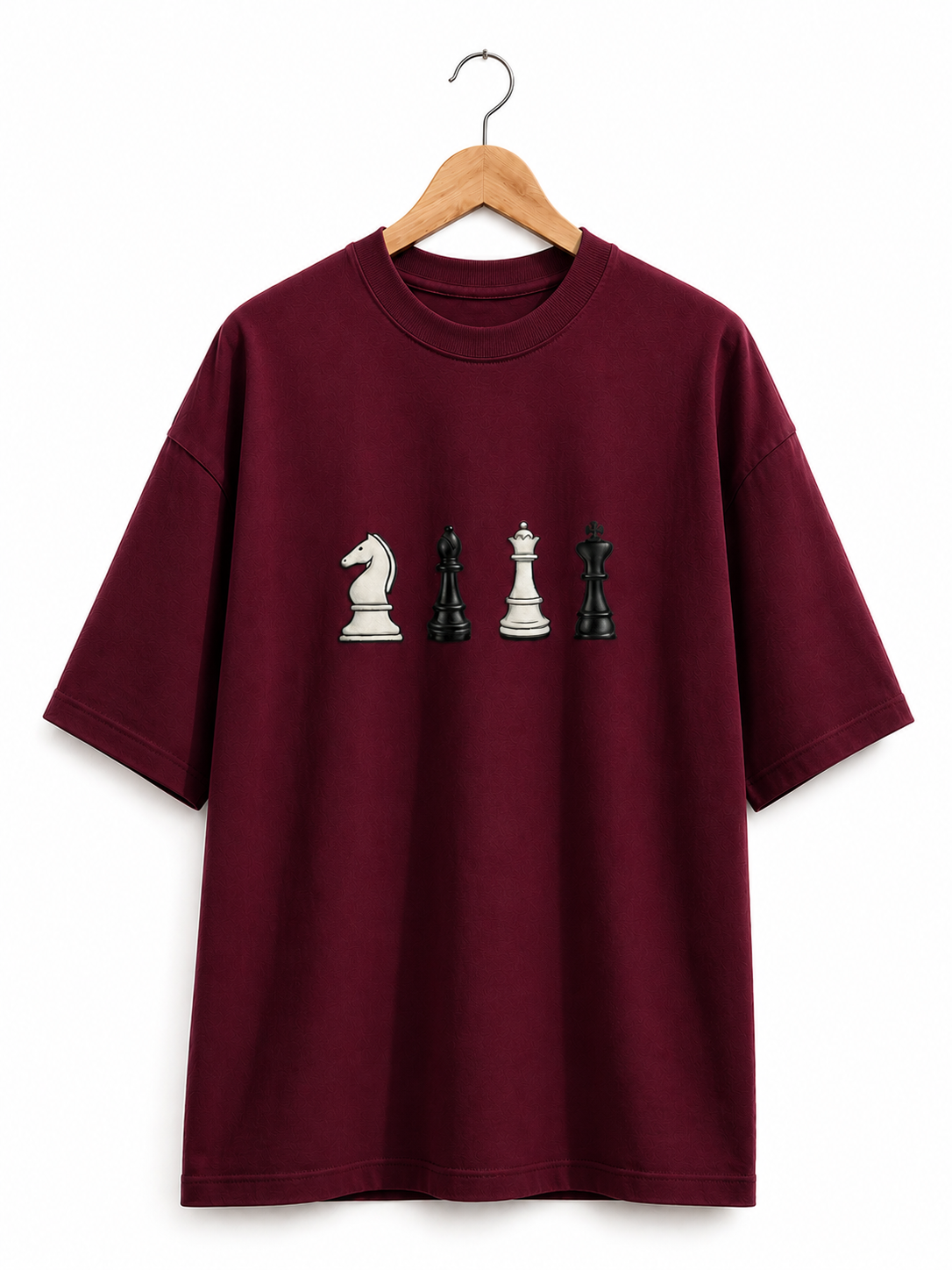 STELLAVITA CLOTHING Oversized Men & Women Wine  Premium Chess Embroidery Round Neck T-Shirt Causal Wear Teas