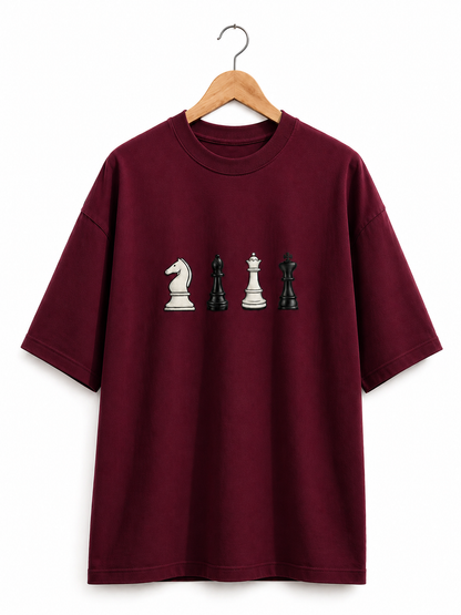 STELLAVITA CLOTHING Oversized Men & Women Wine  Premium Chess Embroidery Round Neck T-Shirt Causal Wear Teas