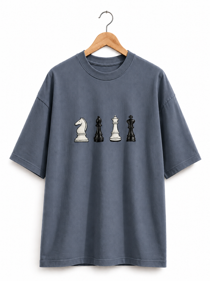 STELLAVITA CLOTHING Oversized Men & Women Dark Blue Premium Chess Embroidery Round Neck T-Shirt Causal Wear Teas