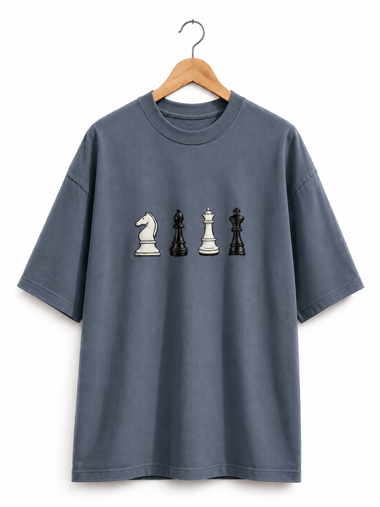 STELLAVITA CLOTHING Oversized Men & Women Dark Blue Premium Chess Embroidery Round Neck T-Shirt Causal Wear Teas