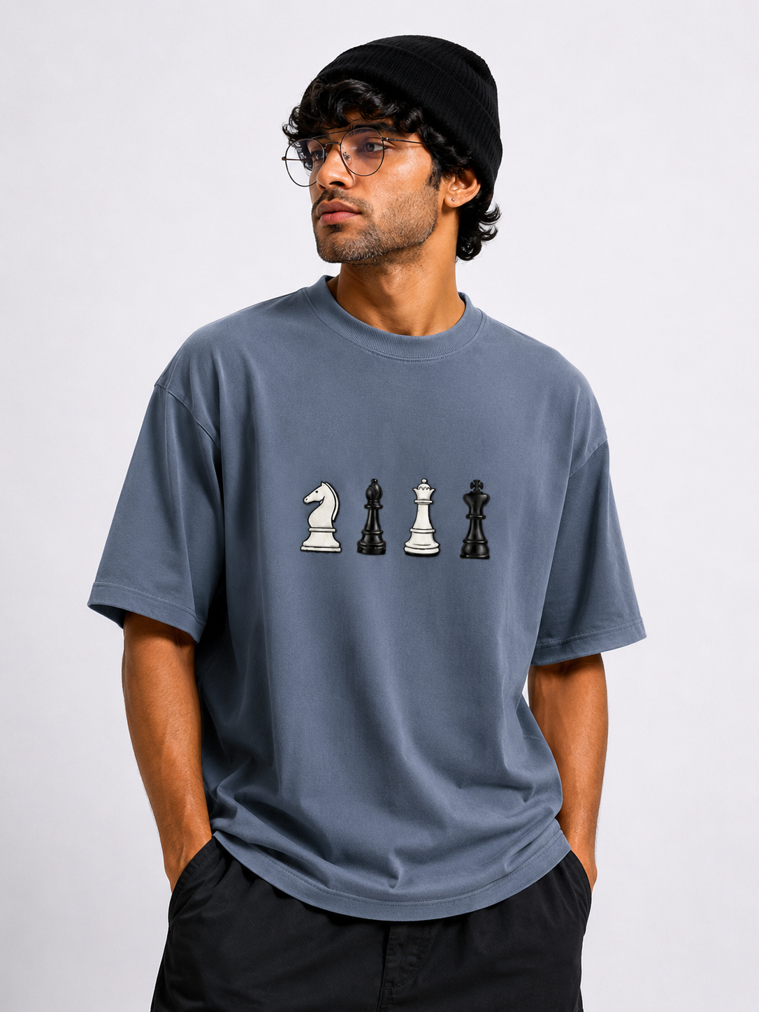 STELLAVITA CLOTHING Oversized Men & Women Dark Blue Premium Chess Embroidery Round Neck T-Shirt Causal Wear Teas