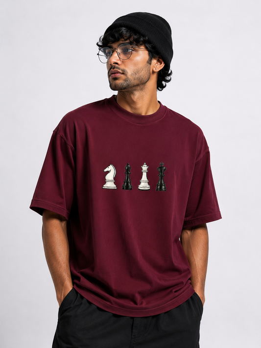 STELLAVITA CLOTHING Oversized Men & Women Wine  Premium Chess Embroidery Round Neck T-Shirt Causal Wear Teas
