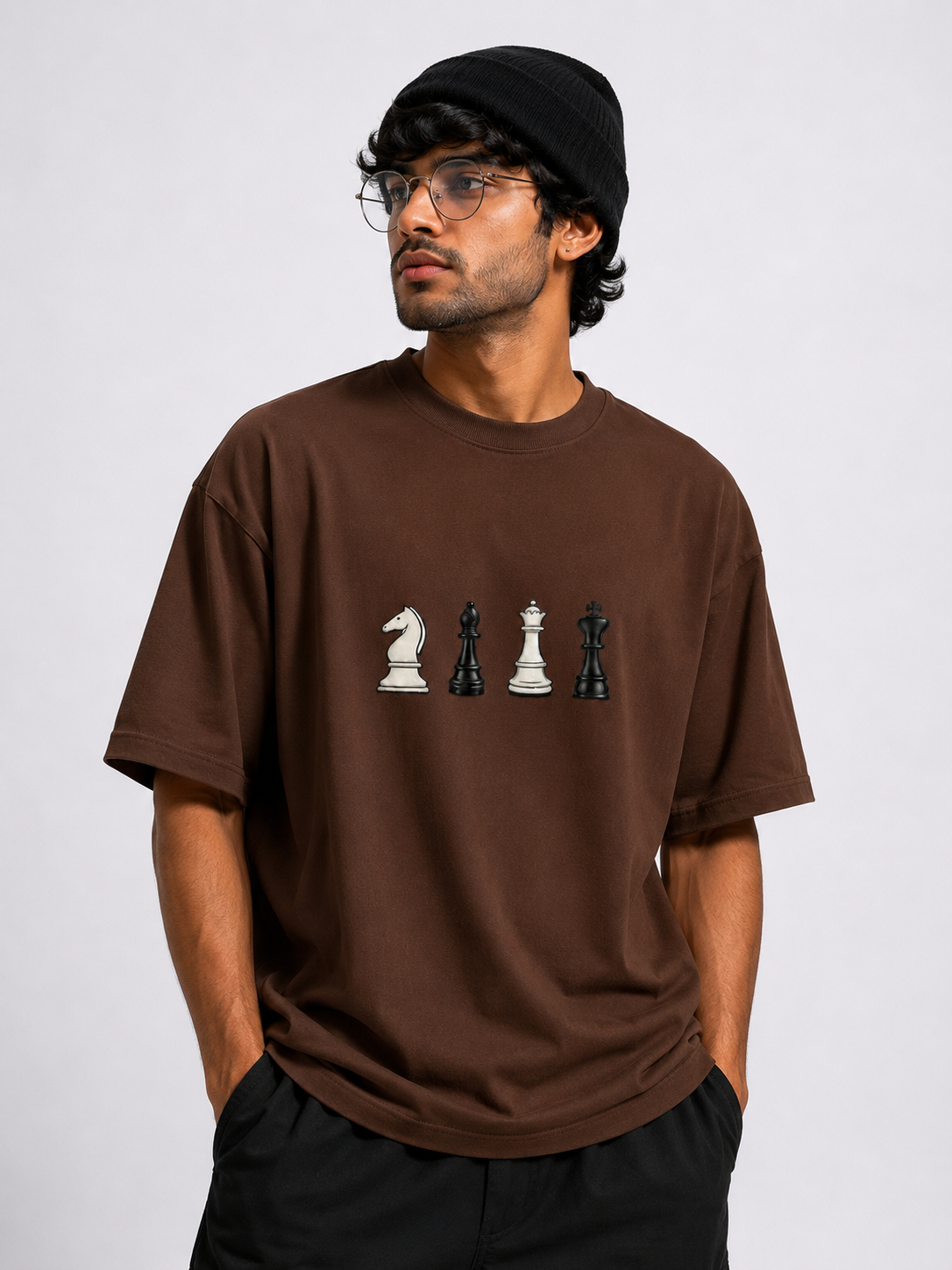 STELLAVITA CLOTHING Oversized Men & Women Brown   Premium Chess Embroidery Round Neck T-Shirt Causal Wear Teas