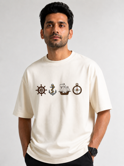 Ship Design Embroidery Oversized T-Shirt for Men & Women In Off White Colour| Premium 100% Cotton Street Wear Teas  | 240 GSM | Unisex Casual Embroidery Design Tee