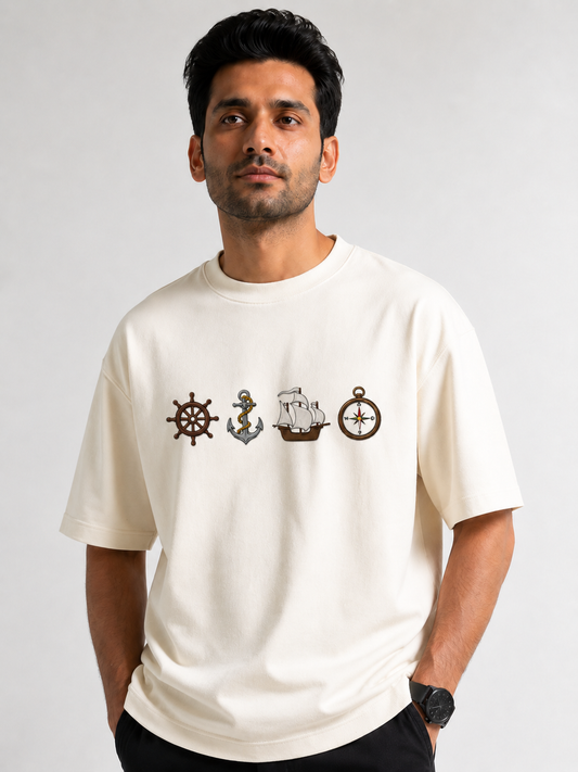 Ship Design Embroidery Oversized T-Shirt for Men & Women In Off White Colour| Premium 100% Cotton Street Wear Teas  | 240 GSM | Unisex Casual Embroidery Design Tee