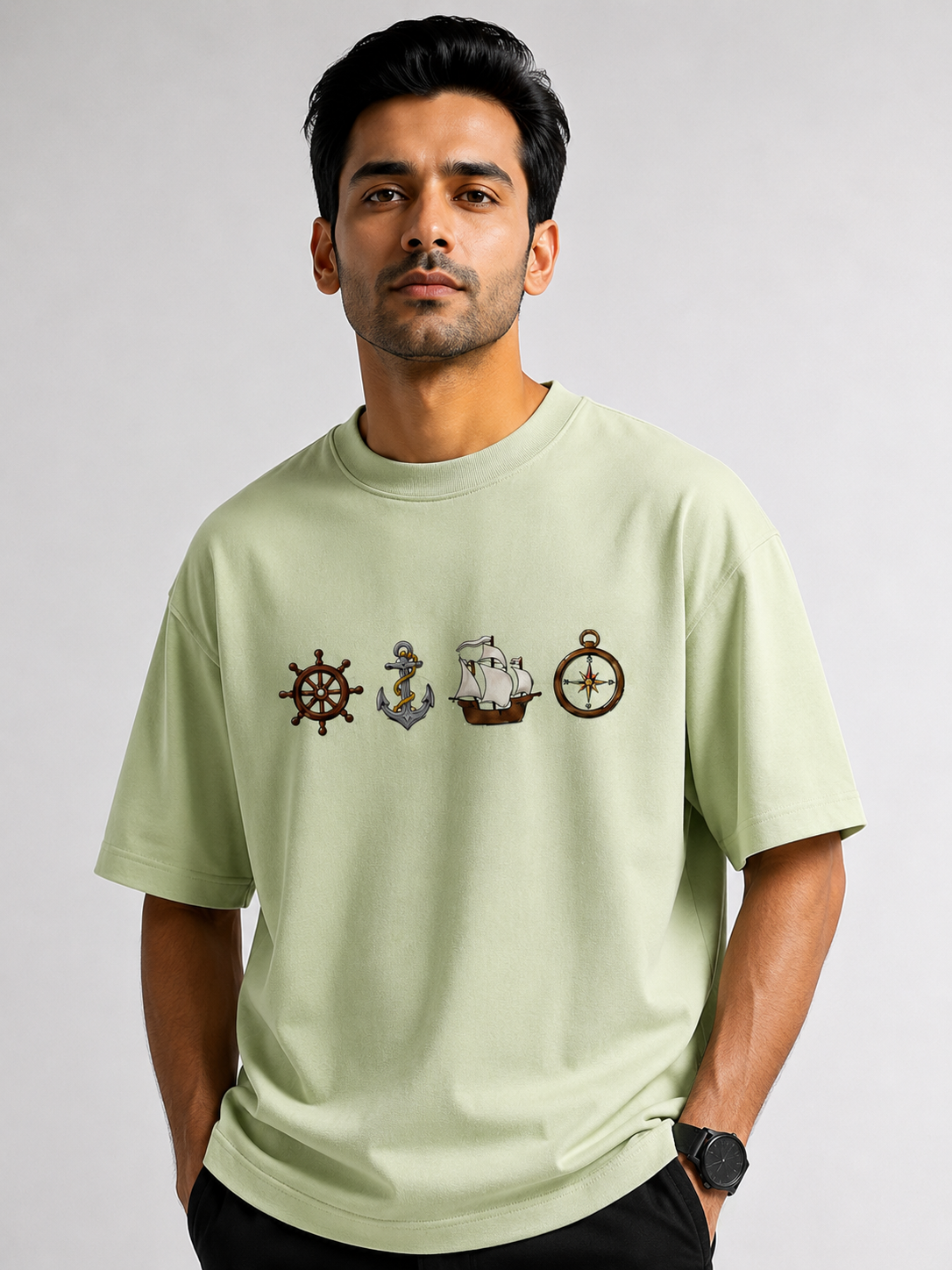 Ship Design Embroidery Oversized T-Shirt for Men & Women In Light Green Colour| Premium 100% Cotton Street Wear Teas  | 240 GSM | Unisex Casual Embroidery Design Tee