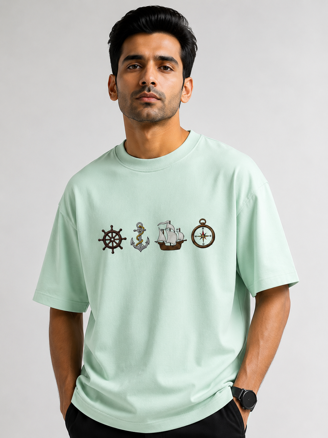 Ship Design Embroidery Oversized T-Shirt for Men & Women In Mint Green Colour| Premium 100% Cotton Street Wear Teas  | 240 GSM | Unisex Casual Embroidery Design Tee
