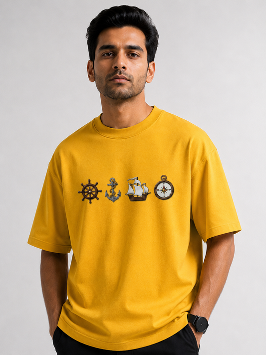 Ship Design Embroidery Oversized T-Shirt for Men & Women In Yellow Colour| Premium 100% Cotton Street Wear Teas  | 240 GSM | Unisex Casual Embroidery Design Tee