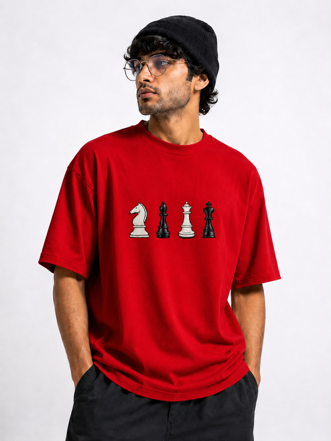 STELLAVITA CLOTHING Oversized Men & Women Red  Premium Chess Embroidery Round Neck T-Shirt Causal Wear Teas